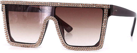 Oversize Brown Shield Visor Rhinestone Studded Sunglasses