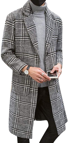 Notch Lapel Gray Single Breasted Plaid Mid Long Trench Pea Coat