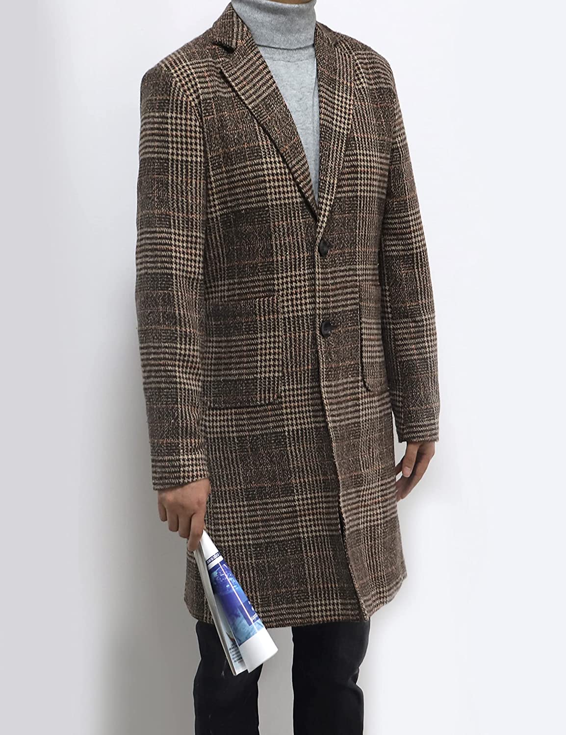 Notch Lapel Khaki Single Breasted Plaid Mid Long Trench Pea Coat