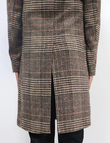 Notch Lapel Khaki Single Breasted Plaid Mid Long Trench Pea Coat