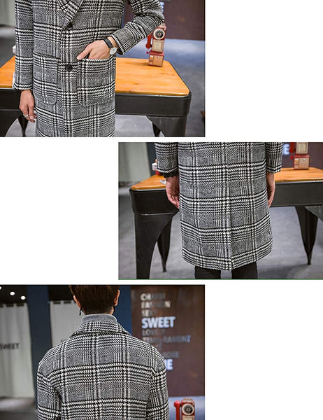 Notch Lapel Gray Single Breasted Plaid Mid Long Trench Pea Coat