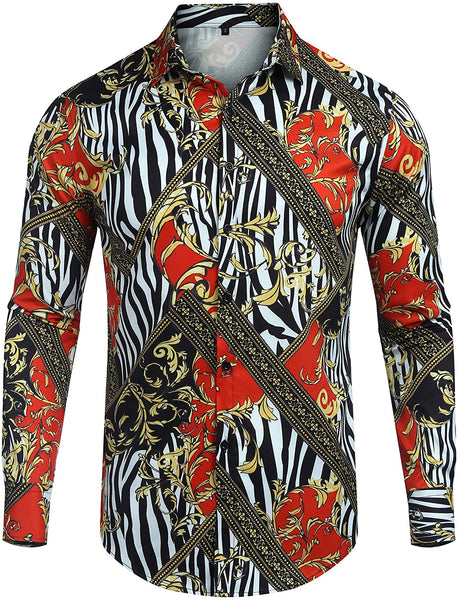 Black Gold Print Men's Long Sleeve Casual Fashion