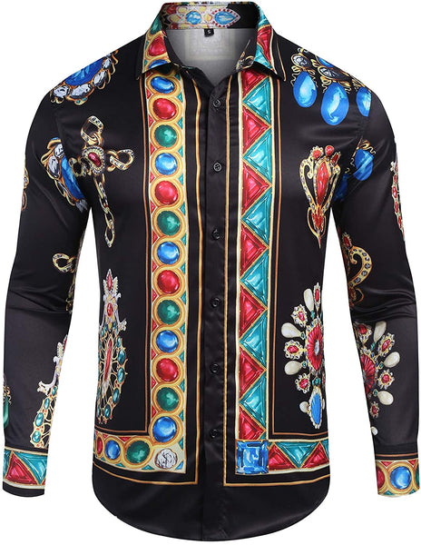 Black Gold Print Men's Long Sleeve Casual Fashion