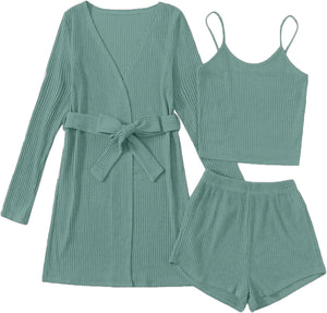 Green 3 Piece Top & Shorts Lounge Sleepwear Pajama Set with Robe