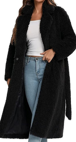 Black Open Front Faux Fur Long Women's Winter Coat