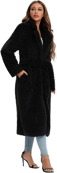 Black Open Front Faux Fur Long Women's Winter Coat