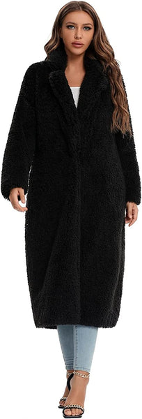 Black Open Front Faux Fur Long Women's Winter Coat