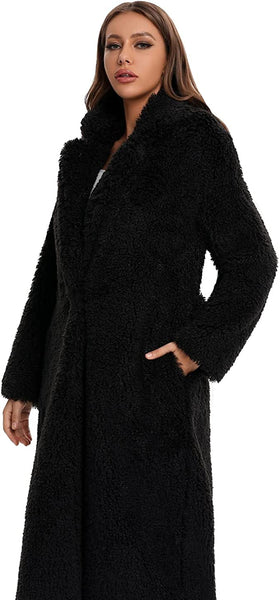 Black Open Front Faux Fur Long Women's Winter Coat