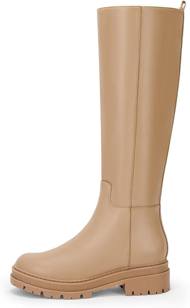 Knee High Platform Khaki Chunky Block Heel Riding Boots