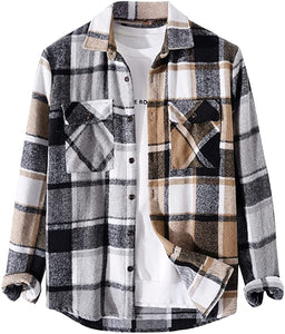 Men's Casual Beige Black Plaid Button Down Jacket