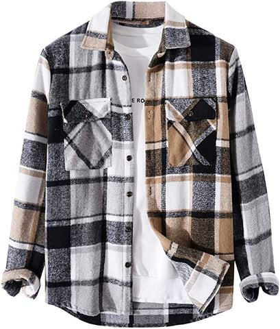 Men's Casual Beige Black Plaid Button Down Jacket