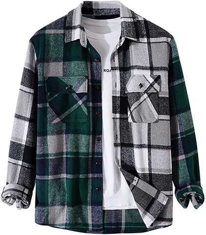 Men's Casual Green and Black Plaid Button Down Jacket