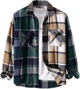 Men's Casual Green and Brown Plaid Button Down Jacket