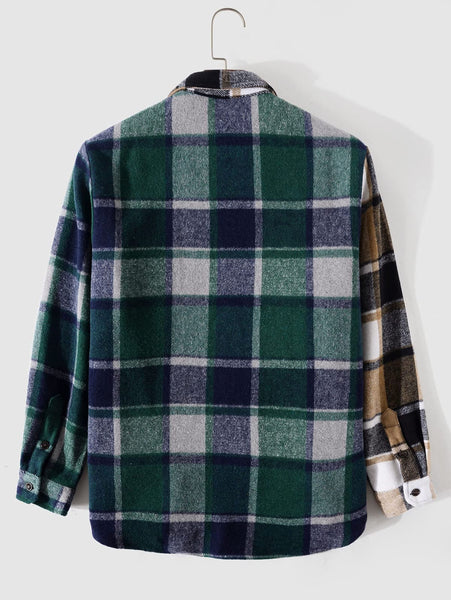 Men's Casual Green and Brown Plaid Button Down Jacket