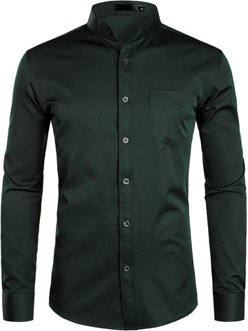 Banded Collar Deep Forest Green Slim Fit Long Sleeve Button Down Shirts