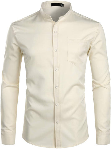 Banded Collar Beige Slim Fit Long Sleeve Button Down Shirts