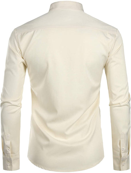 Banded Collar Beige Slim Fit Long Sleeve Button Down Shirts