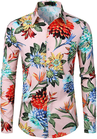 Men's Pink Floral Slim Fit Long Sleeve Button Down Shirt