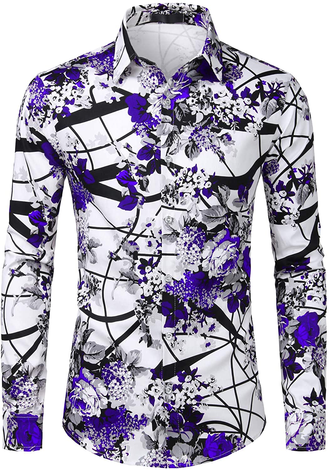 Men's Purple Floral Slim Fit Long Sleeve Button Down Shirt