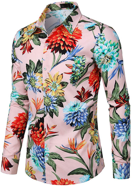 Men's Pink Floral Slim Fit Long Sleeve Button Down Shirt