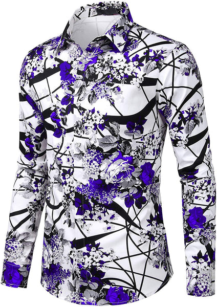 Men's Purple Floral Slim Fit Long Sleeve Button Down Shirt