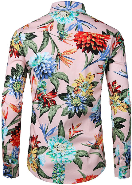 Men's Pink Floral Slim Fit Long Sleeve Button Down Shirt