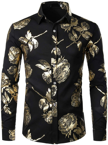 Metalic Shine White Silver Flowery Theme Mens Long Sleeve Shirt