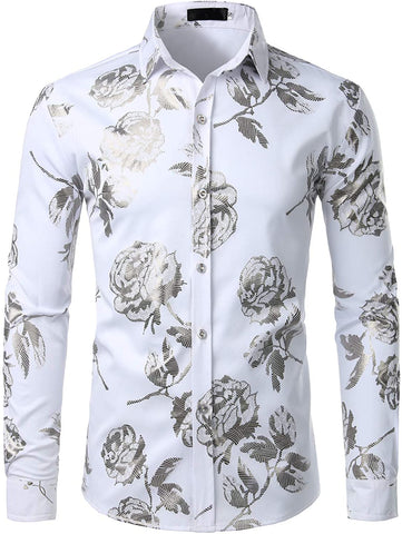 Metalic Shine White Silver Flowery Theme Mens Long Sleeve Shirt