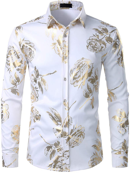 Metalic Shine White Silver Flowery Theme Mens Long Sleeve Shirt