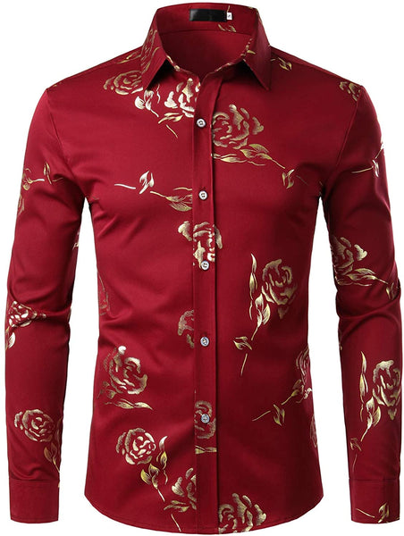 Metalic Shine White Silver Flowery Theme Mens Long Sleeve Shirt