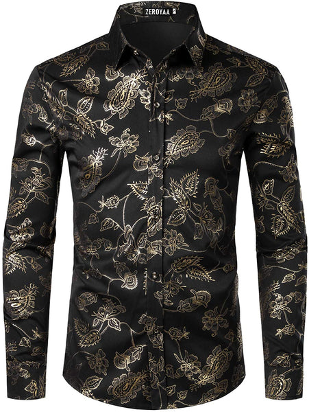 Metalic Shine White Silver Flowery Theme Mens Long Sleeve Shirt