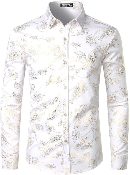 Metalic Shine White Silver Flowery Theme Mens Long Sleeve Shirt