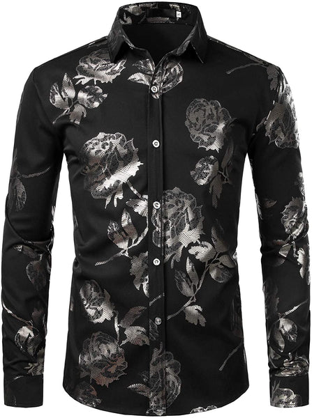 Metalic Shine White Silver Flowery Theme Mens Long Sleeve Shirt