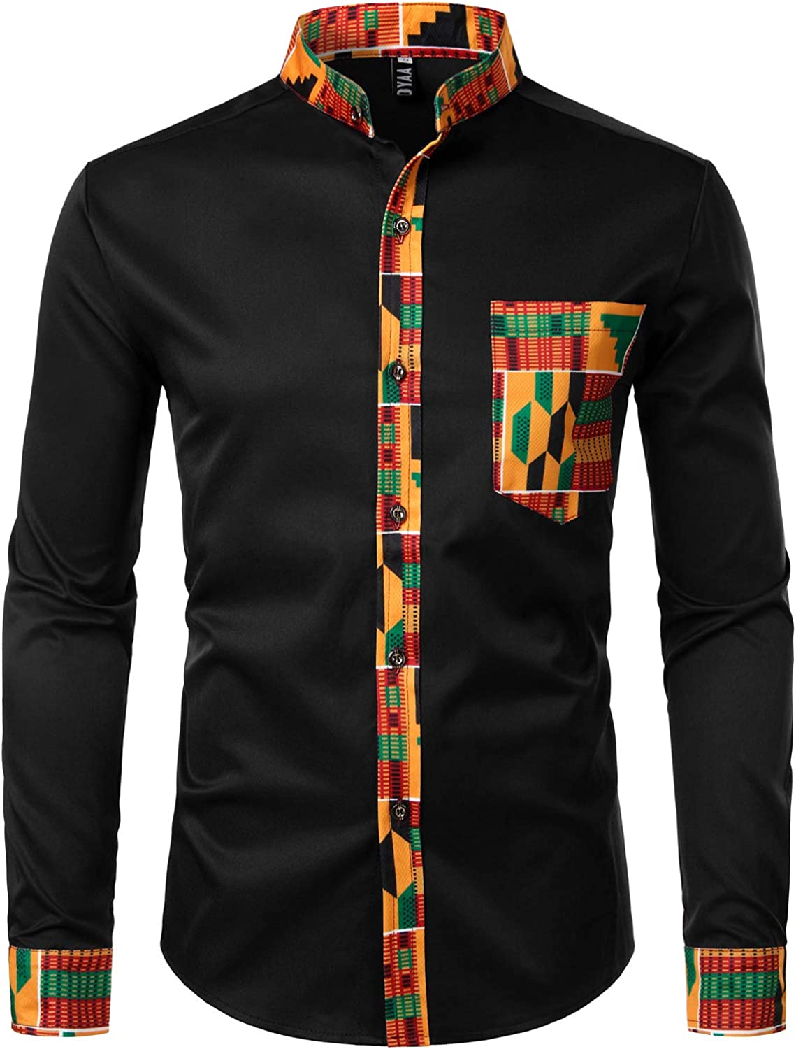 Men's Black Kente Tribal Print Long Sleeve Mandarin Collar Shirt