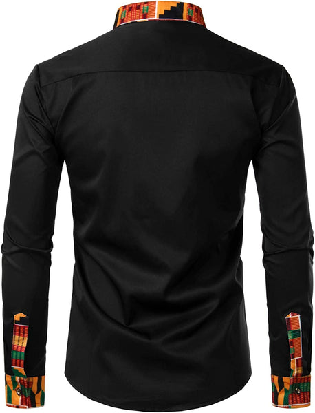 Men's Black Kente Tribal Print Long Sleeve Mandarin Collar Shirt