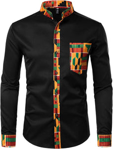 Men's Black Kente Tribal Print Long Sleeve Mandarin Collar Shirt