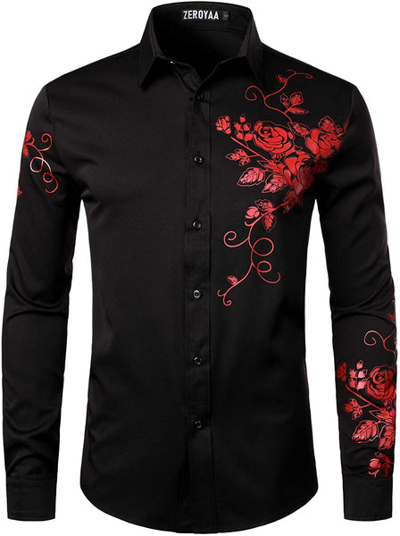 Hipster Black Red Long Sleeve  Button Up Slim Fit Party Shirts