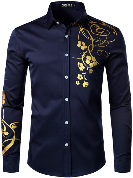 Hipster Floral Black Shiny Design Slim Fit Long Sleeve Shirts