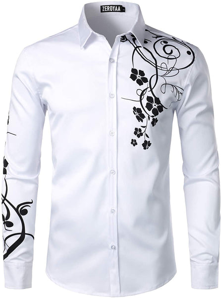 Hipster Floral Black Shiny Design Slim Fit Long Sleeve Shirts