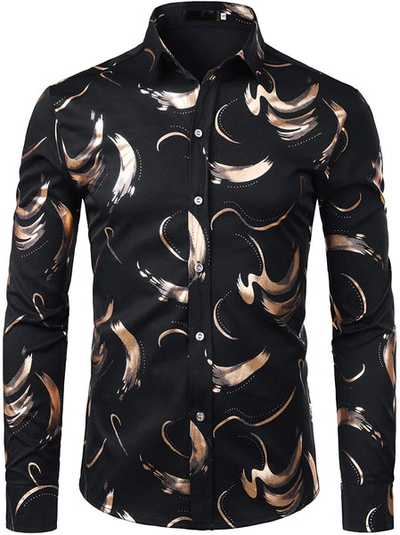 Hipster Floral Black Shiny Design Slim Fit Long Sleeve Shirts