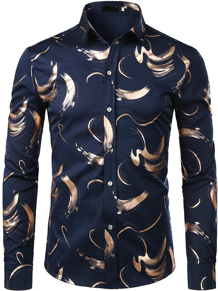 Hipster Floral Black Shiny Design Slim Fit Long Sleeve Shirts