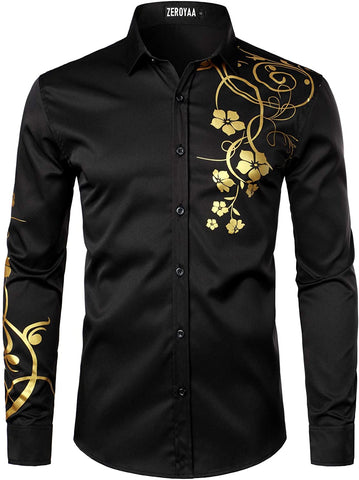 Hipster Floral Black Shiny Design Slim Fit Long Sleeve Shirts