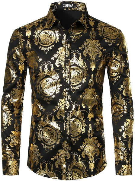 Men's Luxury Baroque Shiny Black Paint Long Sleeve Button Up Shirt