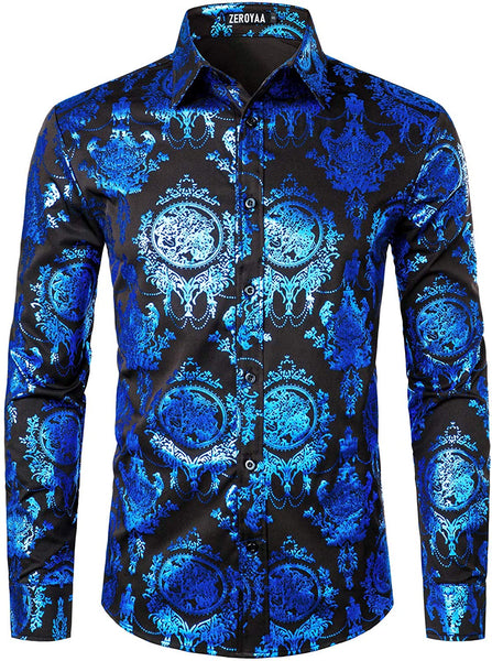 Men's Luxury Baroque Shiny Blue & White Long Sleeve Button Up Shirt