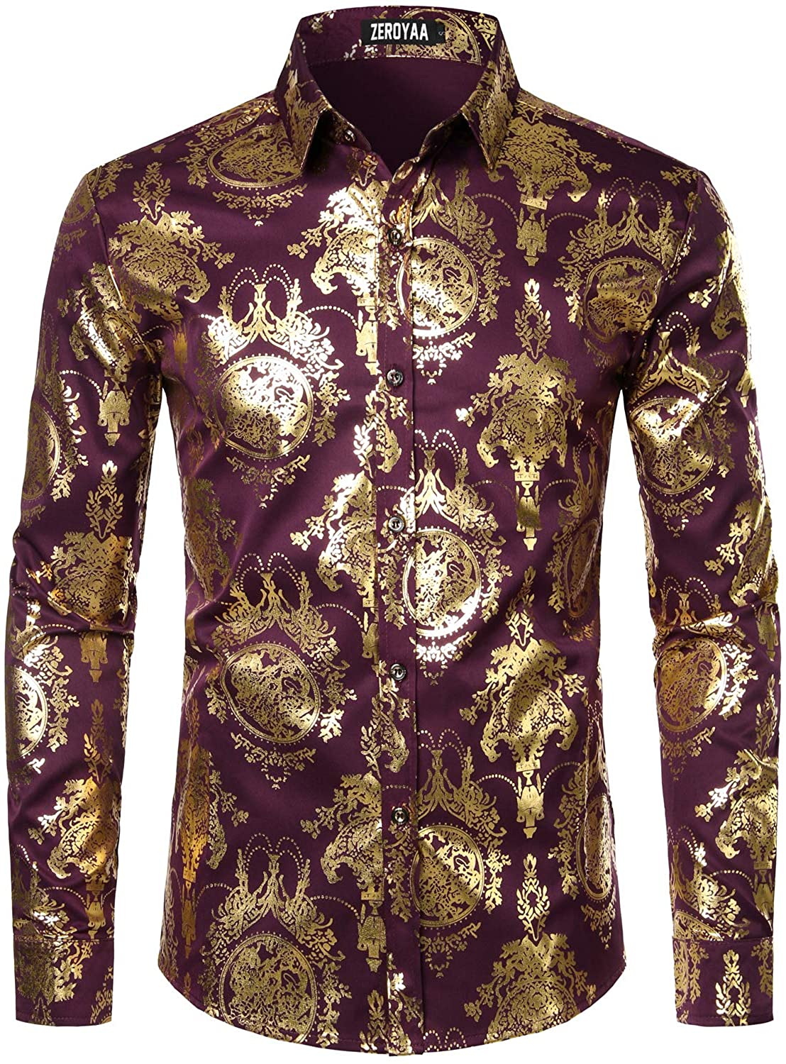 Men's Luxury Baroque Shiny Burgundy & Gold Long Sleeve Button Up Shirt