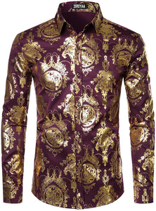 Men's Luxury Baroque Shiny Burgundy & Gold Long Sleeve Button Up Shirt