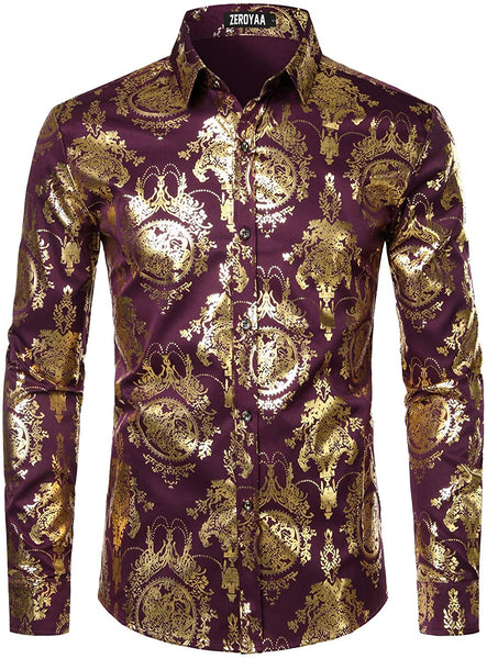 Men's Luxury Baroque Shiny White Paint Long Sleeve Button Up Shirt