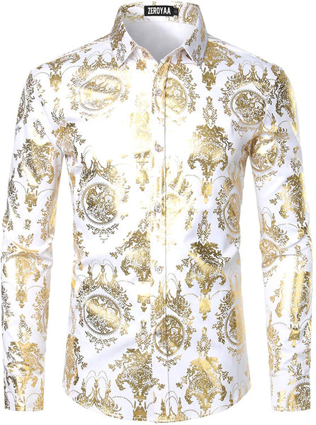 Men's Luxury Baroque Shiny Burgundy & Gold Long Sleeve Button Up Shirt