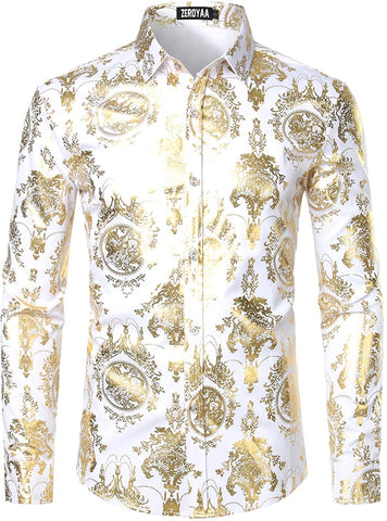 Men's Luxury Baroque Shiny Gold & White Long Sleeve Button Up Shirt