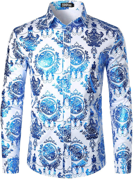 Men's Luxury Baroque Shiny Blue & White Long Sleeve Button Up Shirt